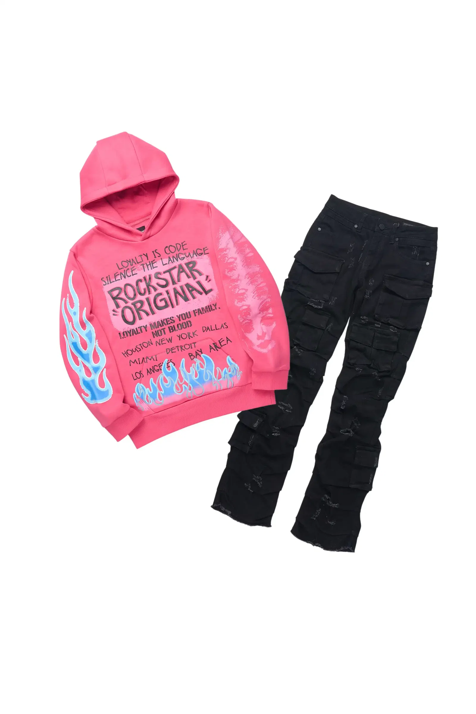 Image of Girls Bridgette Fuchsia Hoodie & Gentry Black Stacked Jean Set