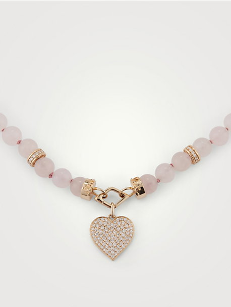 14K Gold Heart Charm Beaded Necklace With Diamonds