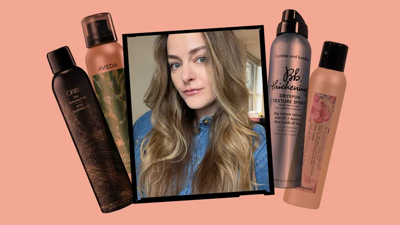 Image contain an Allure editor surrounded by a collage of the best texturizing sprays on a pink background