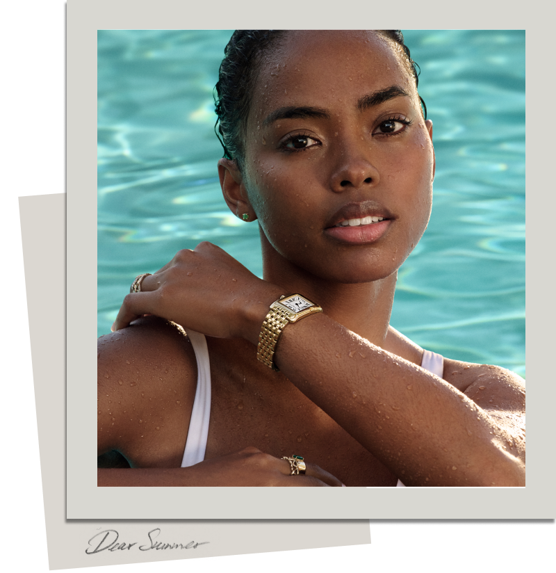 Model in pool wearing gold watch. Measured Moments. Timeless craft and modern expression. Click to Shop Summer Styles