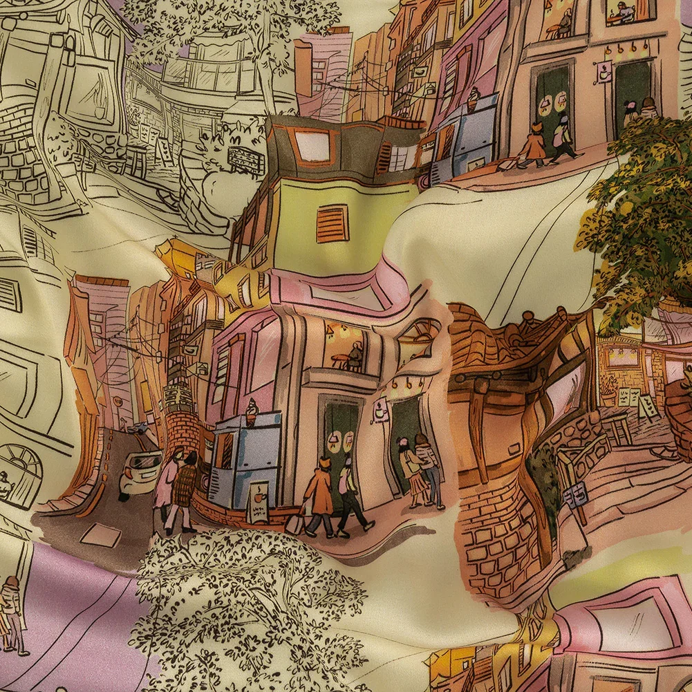 Image of Rayon Challis - Multicolor Streetscapes and Trees - Growing Roots Print - Mood Exclusive Wisteria Collection