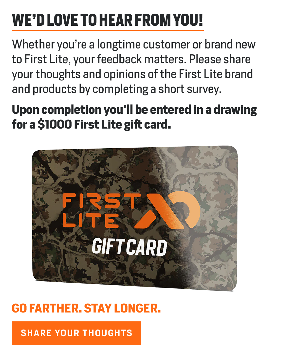 We'd love to hear from you: Plus enter a draw to win $1000 FL Giftcard