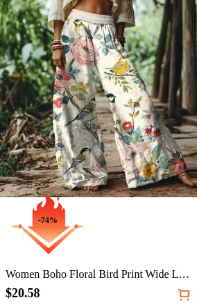 Women Boho Floral Bird Print Wide Leg Long Pants With Pockets