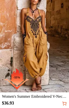 Women's Summer Embroidered V-Neck Sleeveless Jumpsuit, Boho Style Loose Cargo Overalls With Pockets For Vacation Casual