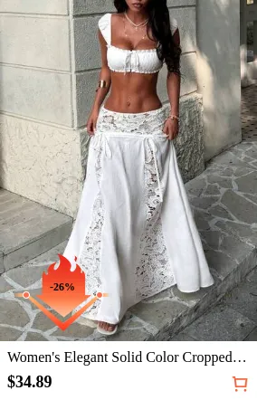 Women's Elegant Solid Color Cropped Top & Lace Patchwork Skirt 2-Piece Set, Summer White
