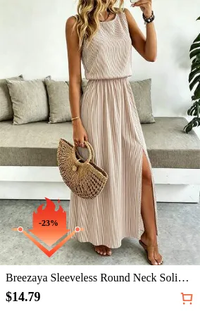 Breezaya Sleeveless Round Neck Solid Color Casual & Commute Dress With Cinched Waist And Split Hem For Women Maxi Women Outfit