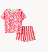 T-Shirt & Shorts Set | Neon Pink Floral on Ecru