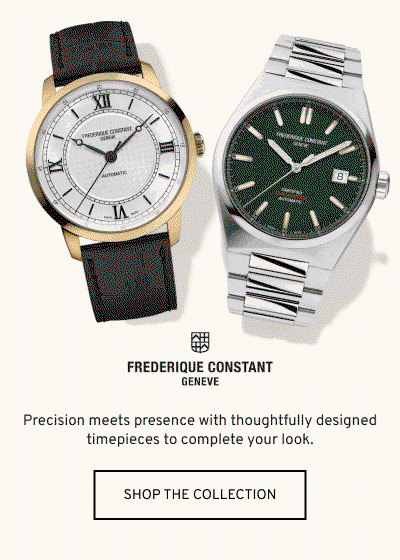 Rotating frames of Frederique Constant Geneve watches in different metals and styles. Precision meets presence. Click to Shop The Collection
