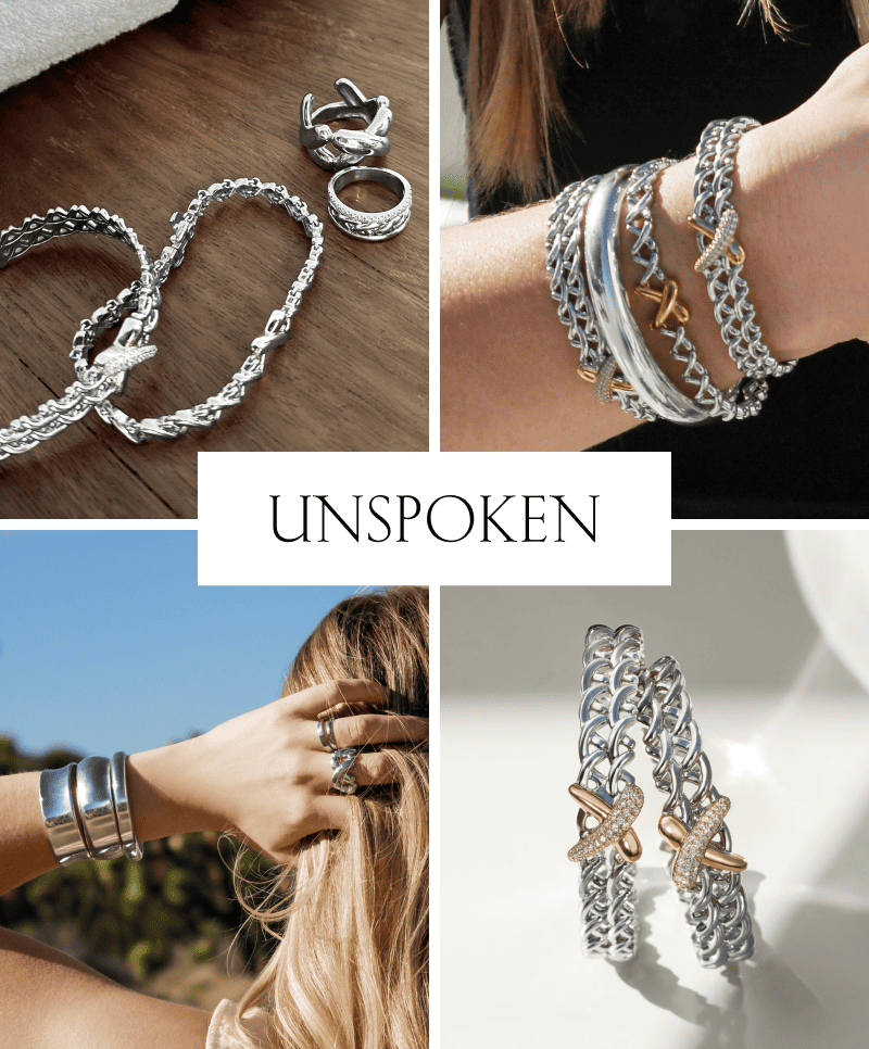 Jewelry collage of bracelets, rings, and earrings and a model wearing them. 