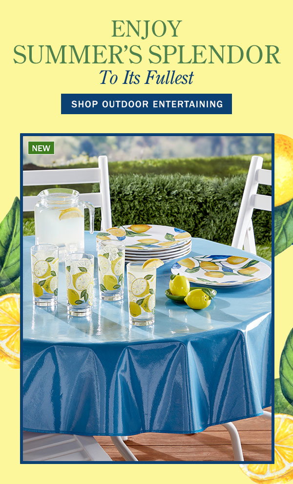 Enjoy Summer's Splendor to Its Fullest. Shop Outdoor Entertaining. New: Lemon Sunshine Melamine Dinner Plate, Set of 6, Sunny Lemon 12 Ounce Drinking Glasses, Set of 4, Glass Sun Tea Pitcher With Lid