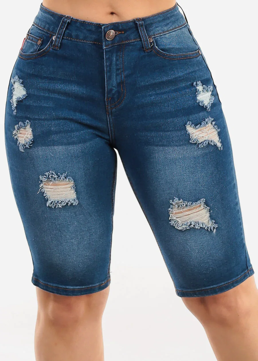 Image of Stretchy Ripped Mid Rise Denim Bermuda Shorts Med Blue