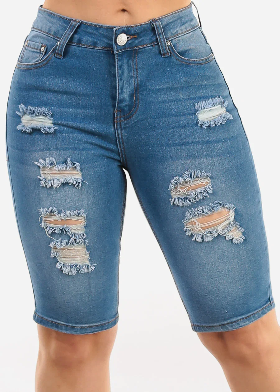 Image of Stretchy Mid Rise Ripped Denim Bermuda Shorts Blue
