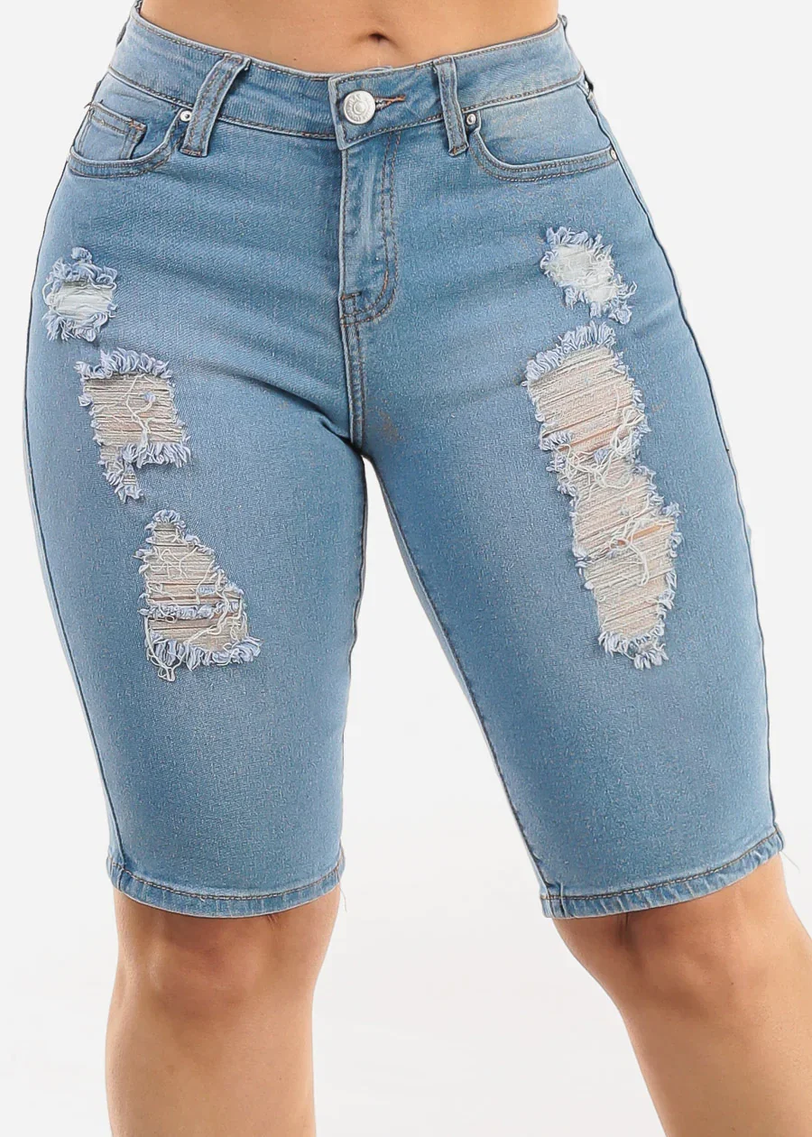 Image of Stretchy Mid Rise Ripped Light Denim Bermuda Shorts