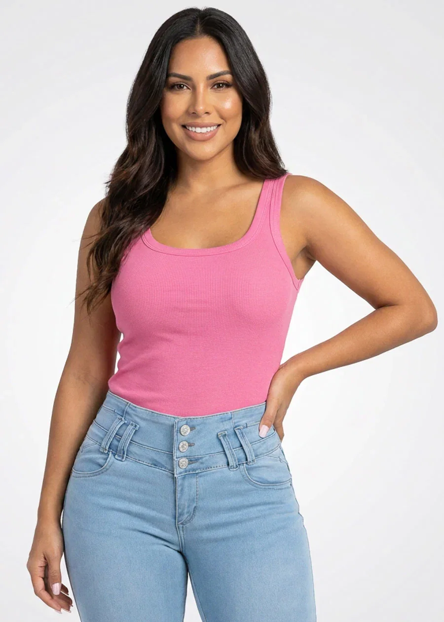 Image of Sleeveless Scoop Neck Ribbed Stretch Tank Top Pink