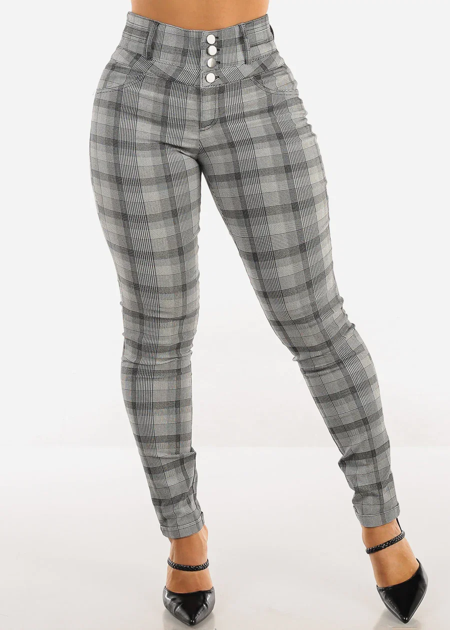 Image of Super High Waist Plaid Skinny Pants B&W