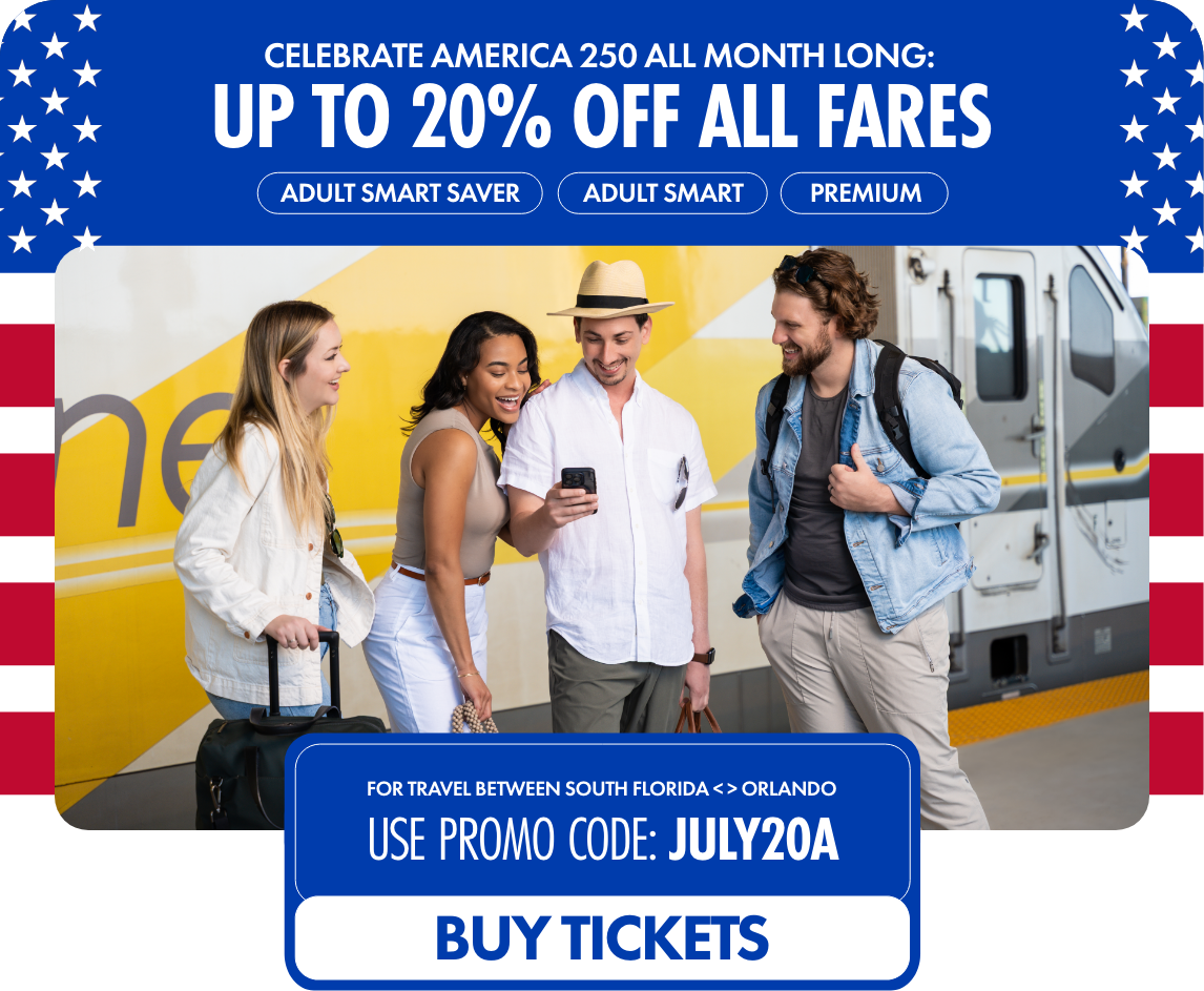 A group of four young adults stand on a train platform, smiling and looking at a smartphone as they prepare to board a yellow and white train. The promotional banner highlights a celebration of America 250 with up to 20% off all fares for adult smart saver, adult smart, and premium tickets. Additional text promotes travel between South Florida and Orlando with a special promo code JULY20A. The design features a patriotic red, white, and blue border with stars and bold call-to-action button reading buy tickets.