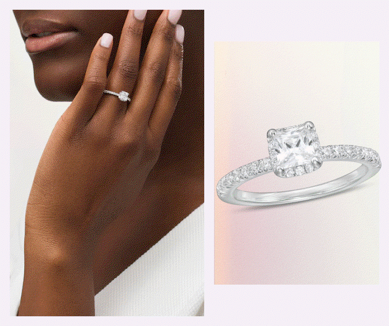 Rotating screen of model wearing ring, alongside product shots of rings with diverse centered shaped stones.