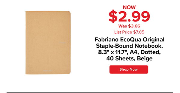 Fabriano EcoQua Original Staple-Bound Notebook, 8.3 in x 11.7 in, A4, Dotted, 40 Sheets, Beige