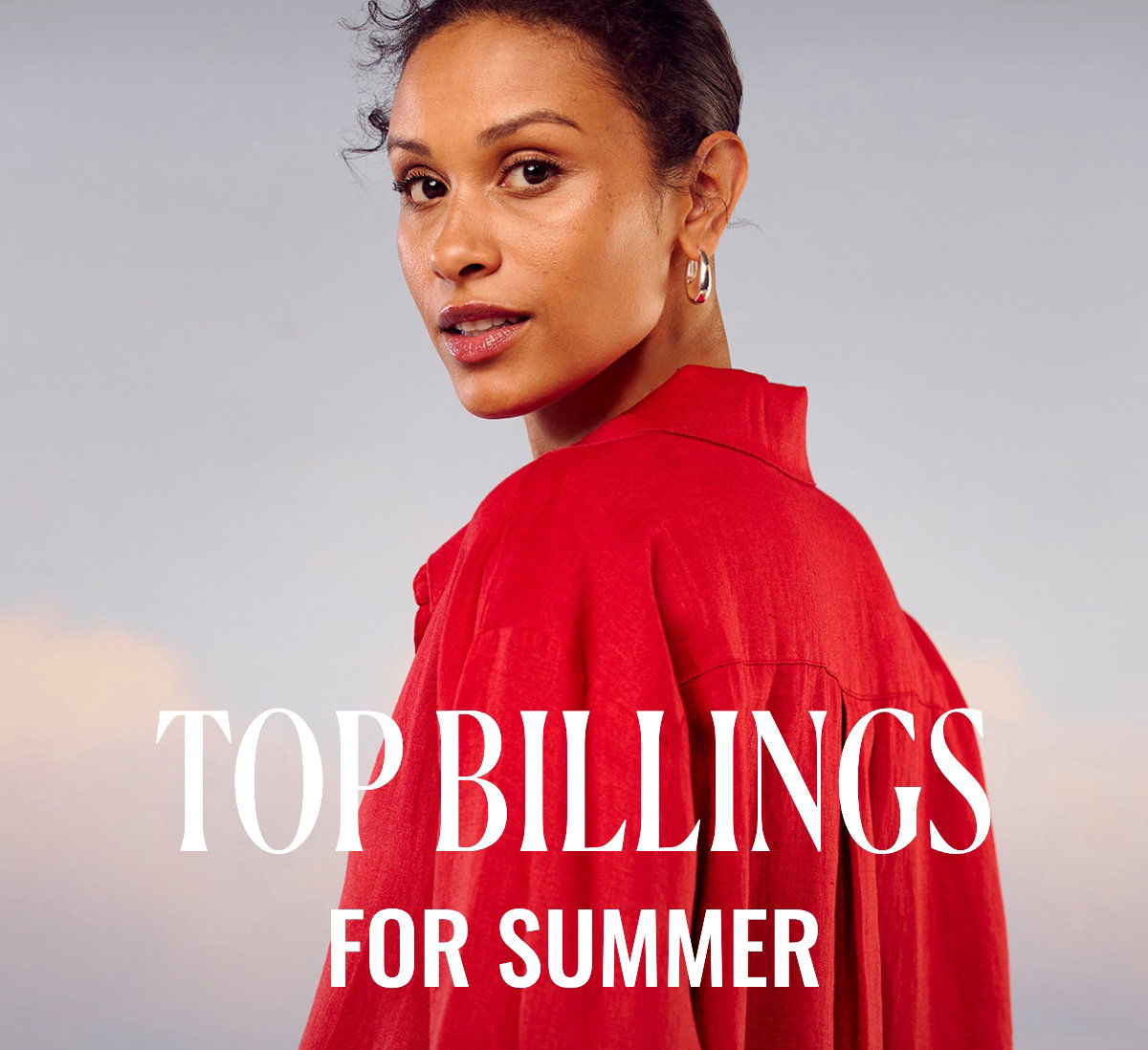 Top Billings for Summer. Woman wearing a Johnny-Collar Pure Linen Blouse.