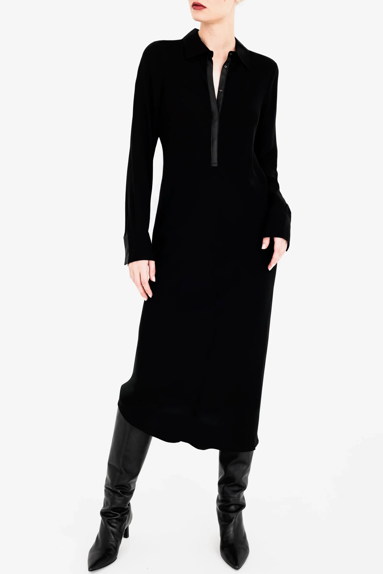Image of Silk Georgette Bias Shirt Dress with Vegan Leather Trim - CHANTAL