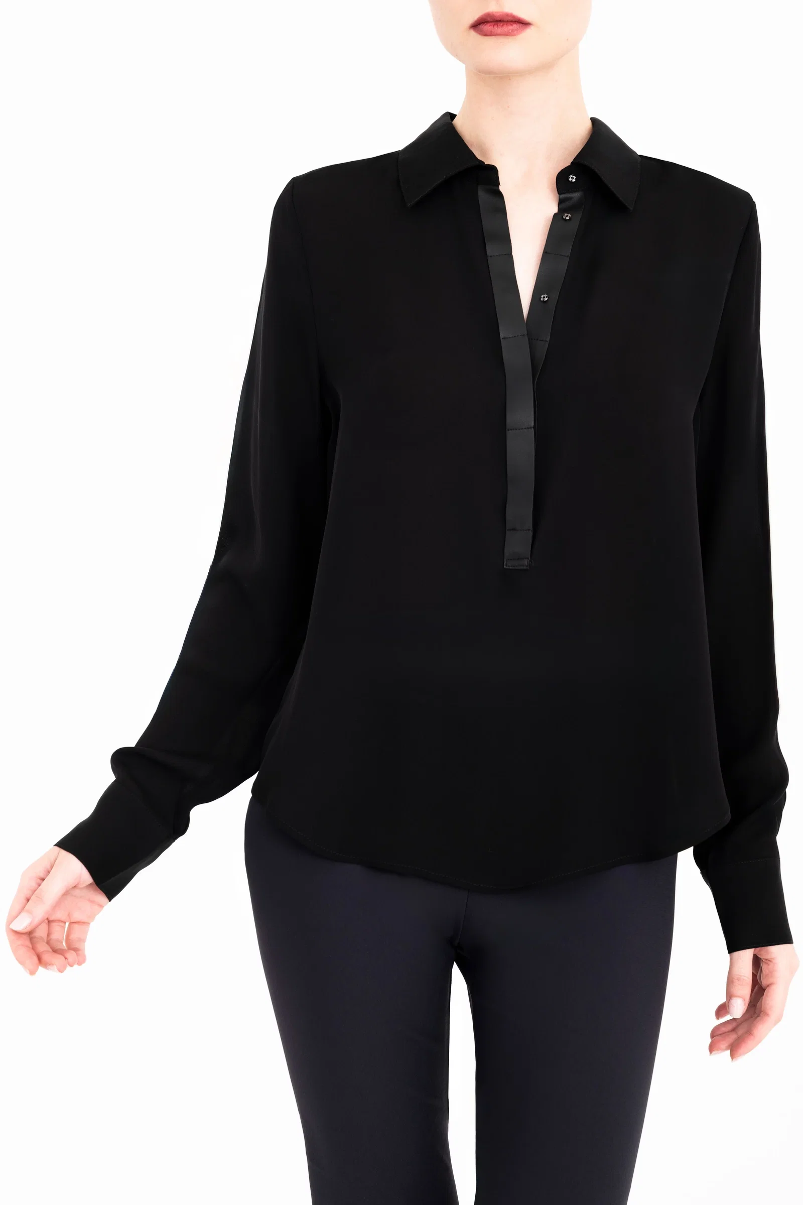 Image of Silk Georgette Pullover Shirt with Vegan Leather Trim - CLARICE