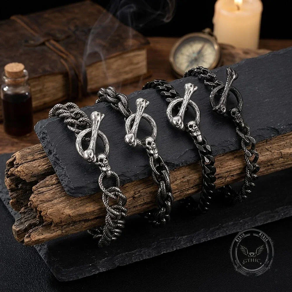 Image of Punk Gothic Skull Bone Stainless Steel OT Buckle Bracelet