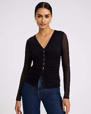 Mesh Ruched V-Neck Long Sleeve Top