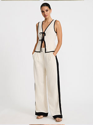 Linen-Blend Tipped High Waisted Pull On Wide Leg Pant