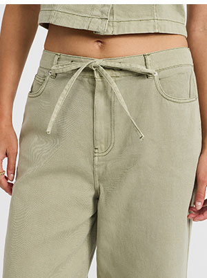Cotton Mid Rise Olive Green Drawstring Wide Leg Jeans