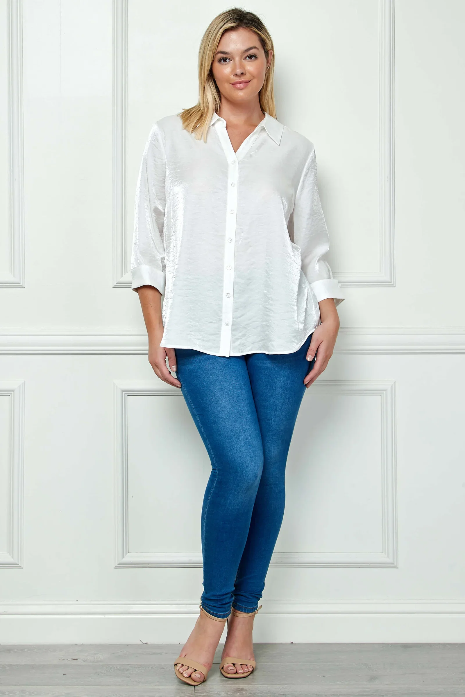 Image of 3/4 Notch Sleeve Button Front Spread Collar Blouse in White - Plus