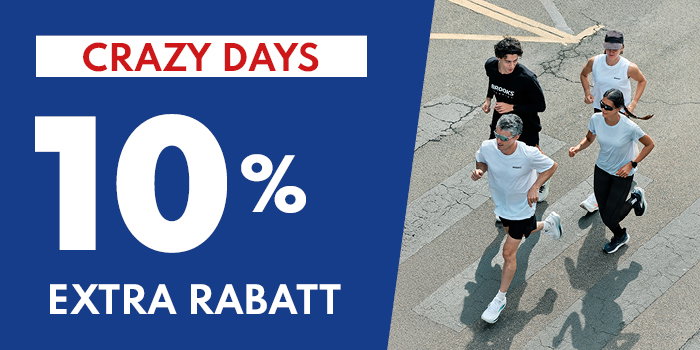 Promotional banner reading "CRAZY DAYS 10% EXTRA RABATT" beside four people jogging on a city street in sportswear
