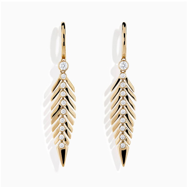 14K Yellow Gold Diamond Feather Dangle Earrings