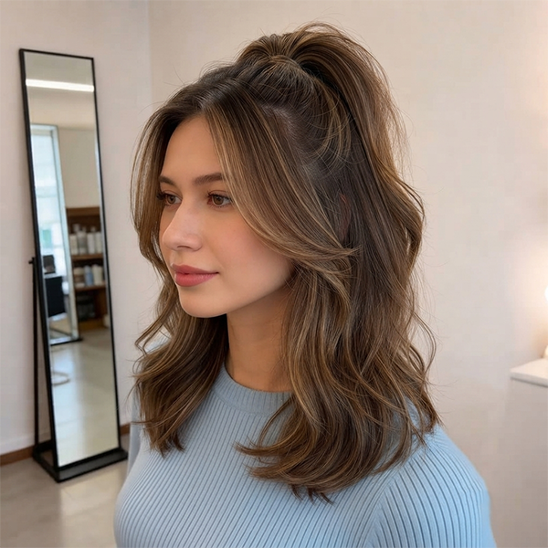 Shoulder Length Layered Medium Brown Highlights Glueless Human Hair Down Wigs