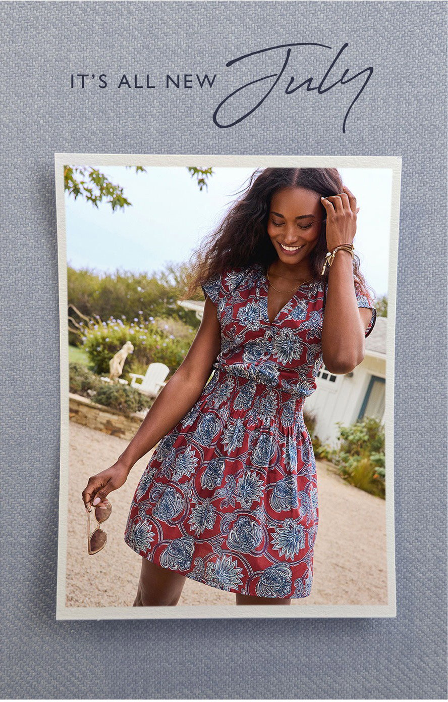 It's all new July. Image of model in patterned EVEREVE dress.