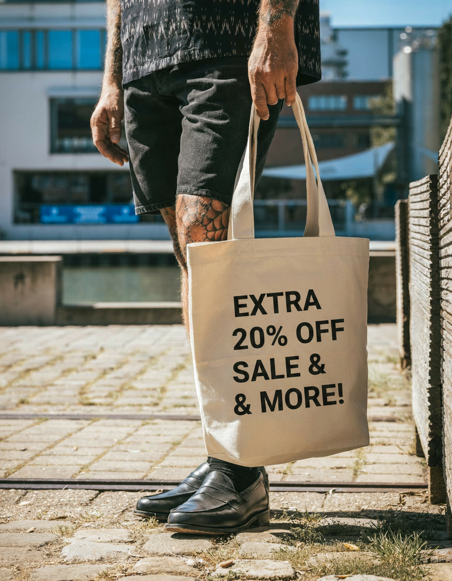 Person holding a tote bag with "EXTRA 20% OFF SALE & MORE!" printed on it.