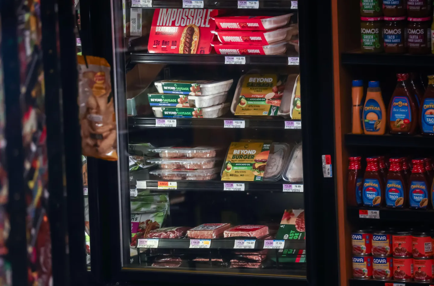 Packages of plant-based meats, which are classified as ultra-processed, at a grocery store in 2025. Bloomberg via Getty Images