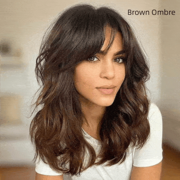 Glueless Shoulder Length Brown Ombre Layered Wavy Wigs With Curtain Bangs Lace Front Human Hair Wigs