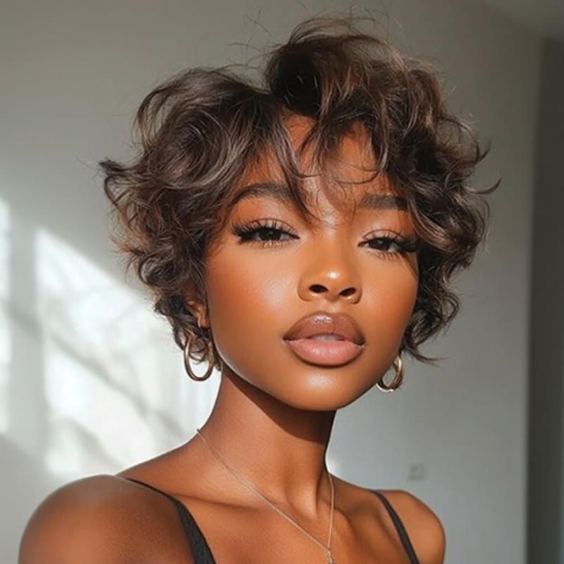 Wear and Go Wigs Pixie Cut Brown Waves Short Wigs For Women Glueless Human Hair Wigs