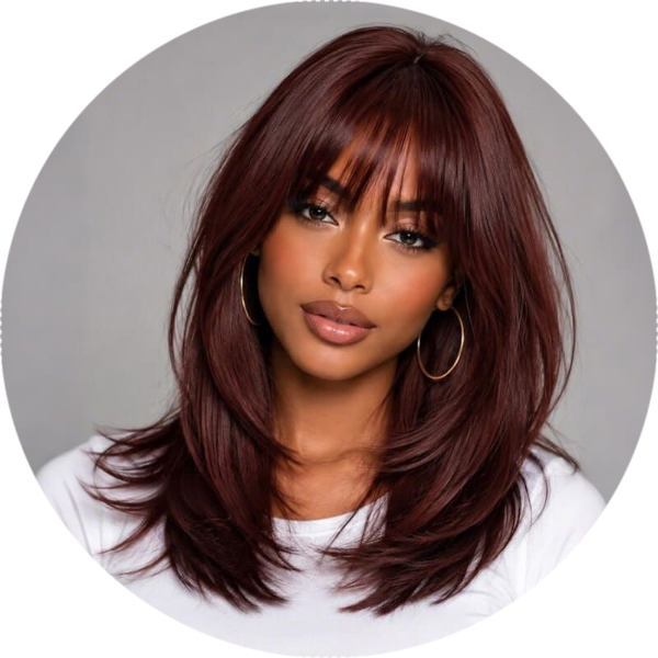 Deep Burgundy Brown Layered Straight with Bangs Natural Hairline Glueless Human Hair Wigs for African American Women Daily Style