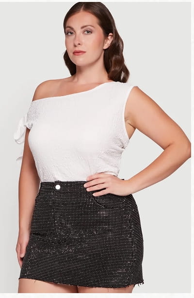 Shop Plus Size Rhinestone Raw Hem Mini Denim Skirt