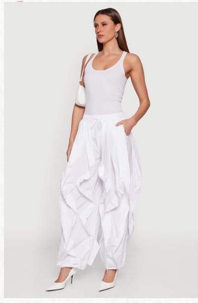 Shop Drawstring Waist Ruffle Parachute Pants