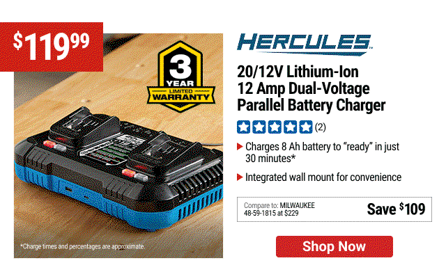 HERCULES 20/12V Lithium-Ion, 12 Amp Dual-Voltage Parallel Battery Charger
