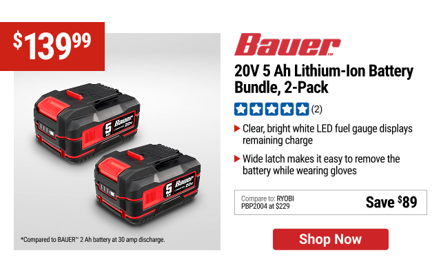 BAUER 20V 5 Ah Lithium-Ion Battery Bundles, 2-Pack