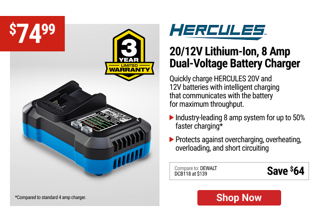 HERCULES 20V/12V Lithium-Ion, 8 Amp Dual-Voltage Battery Charger