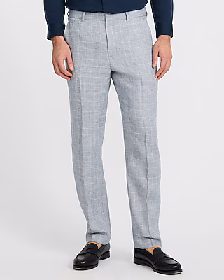 Slim Blue Plaid Linen-Blend Hybrid Elastic Waist Suit Pant