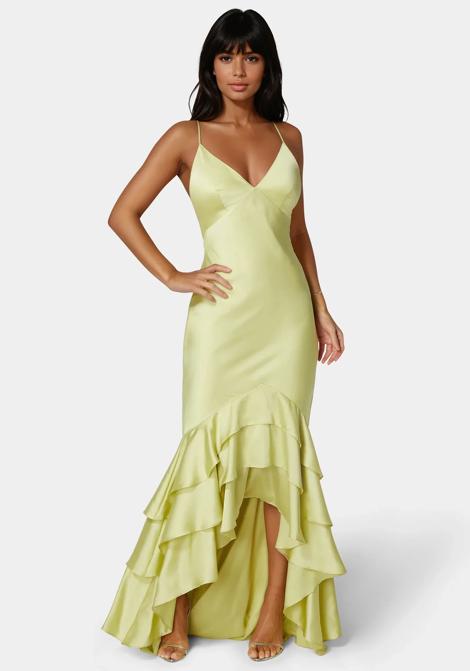 Image of Tiered Satin High Low Gown