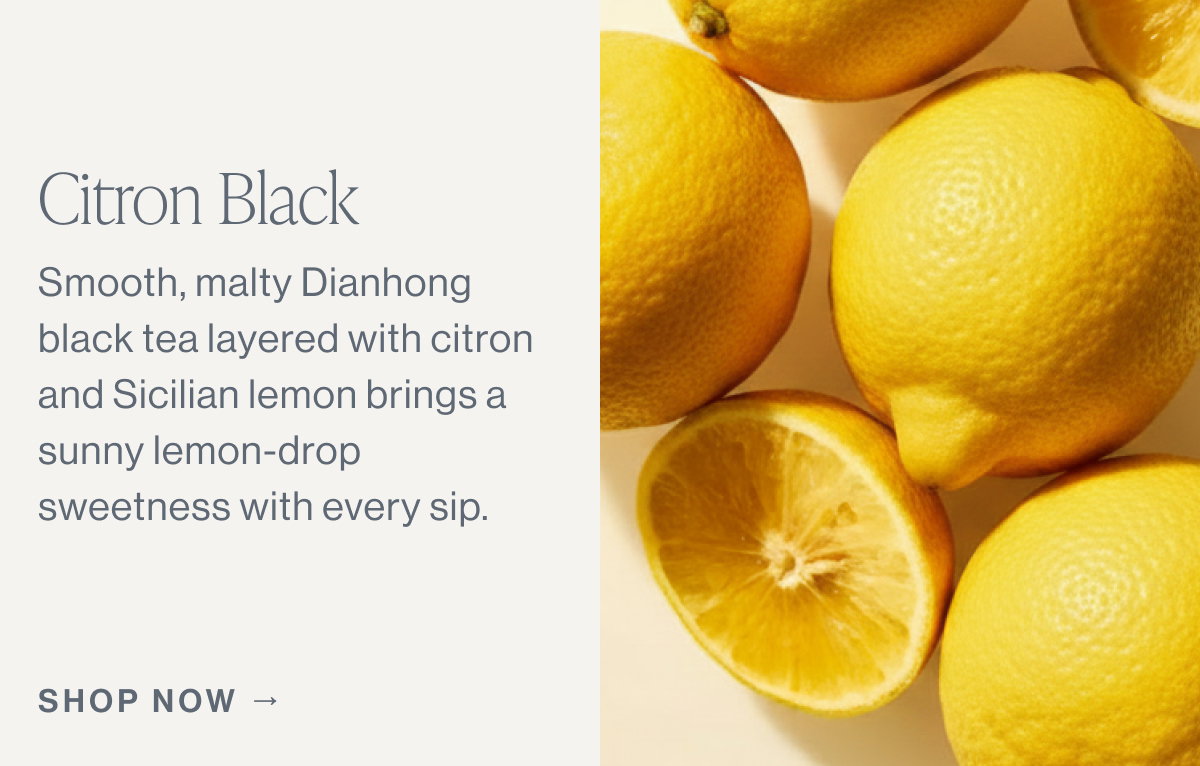Citron Black  Smooth, malty Dianhong black tea layered with citron and Sicilian lemon brings a sunny lemon-drop sweetness with every sip.  [[SHOP NOW →]]