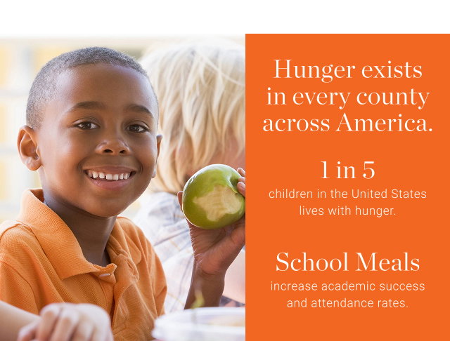 Hunger exists in every county across America. - 1 in 5 children in the United States lives with hunger. - School Meals increase academic success and attendance rates.