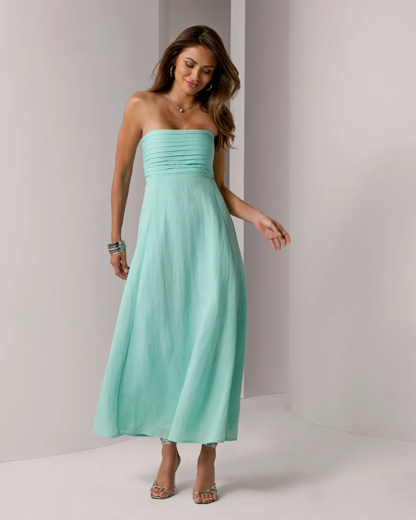 Image of Linen Pleated Strapless Dress Beach Glass