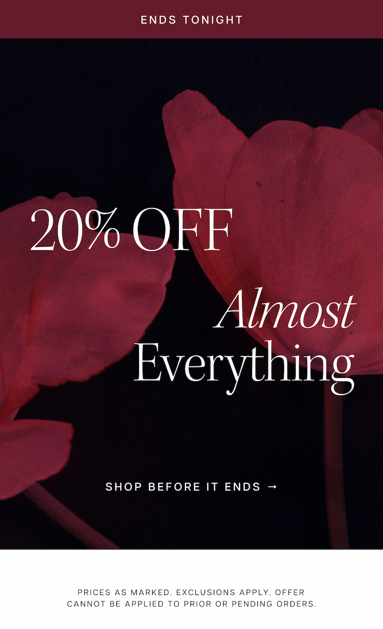 Ends Tonight | 20% Off Almost Everything | Shop Before It Ends | Prices as marked. Exclusions apply. Offer cannot be applied to prior or pending orders.